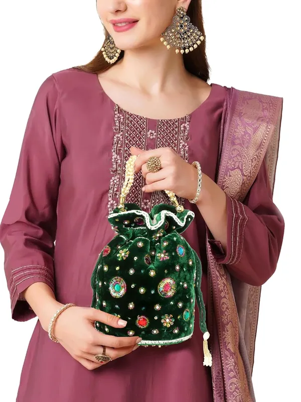 Dark_Green_Cotton_Premium_Potli_Box_Purse_For_Women
