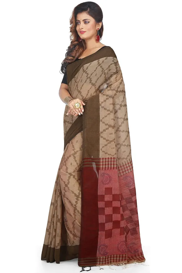 Beige_Soft_Pure_Cotton_Handloom_Printed_Saree_With_Blouse_Piece_For_Women
