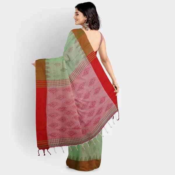 Green_&_Red_Pure_Cotton_Handloom_Saree_With_Blouse_Piece_For_Women