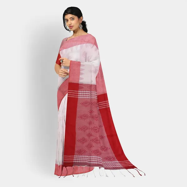 White_&_Red_Pure_Cotton_Handloom_Saree_For_Women