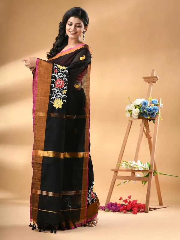 Black_Cotton_Silk_Handloom_Embroidery_Saree_With_Blouse_Piece_For_Women