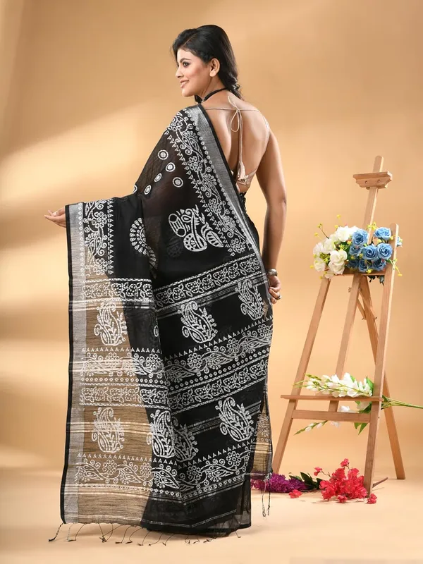Black_&_White_Slab_Linen_Block_Print_Saree_With_Blouse_Piece_For_Women