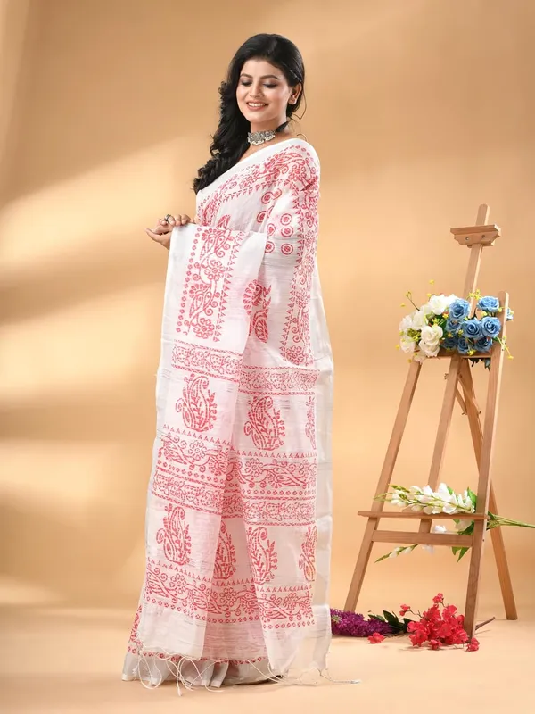 White_&_Red_Slab_Linen_Block_Print_Saree_With_Blouse_Piece_For_Women
