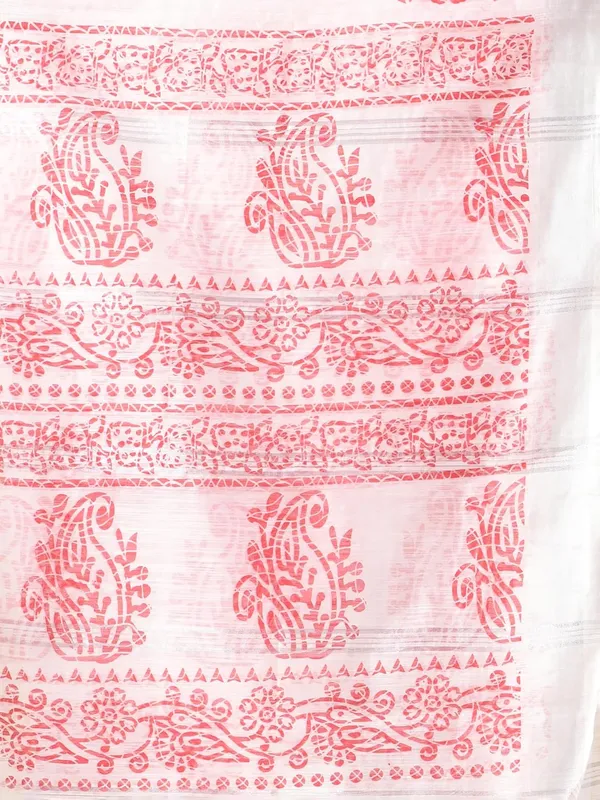 White_&_Red_Slab_Linen_Block_Print_Saree_With_Blouse_Piece_For_Women