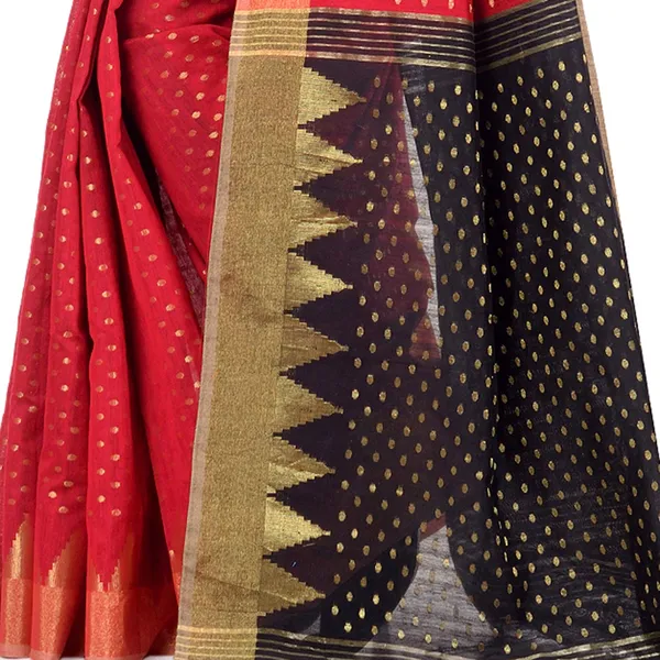 Red_&_Black_Handloom_Cotton_Silk_Saree_With_Temple_Border_Pure_Zari_Buti_Work_With_Blouse_Piece_For_Women