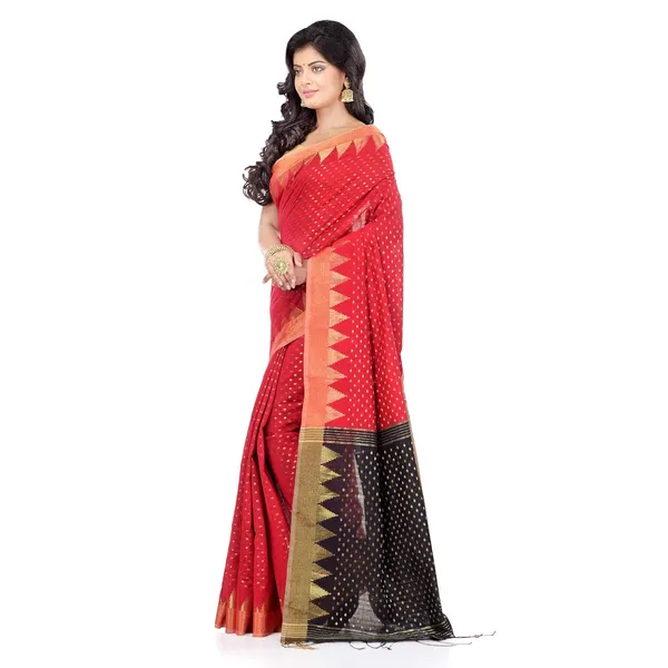 Red_&_Black_Handloom_Cotton_Silk_Saree_With_Temple_Border_Pure_Zari_Buti_Work_With_Blouse_Piece_For_Women