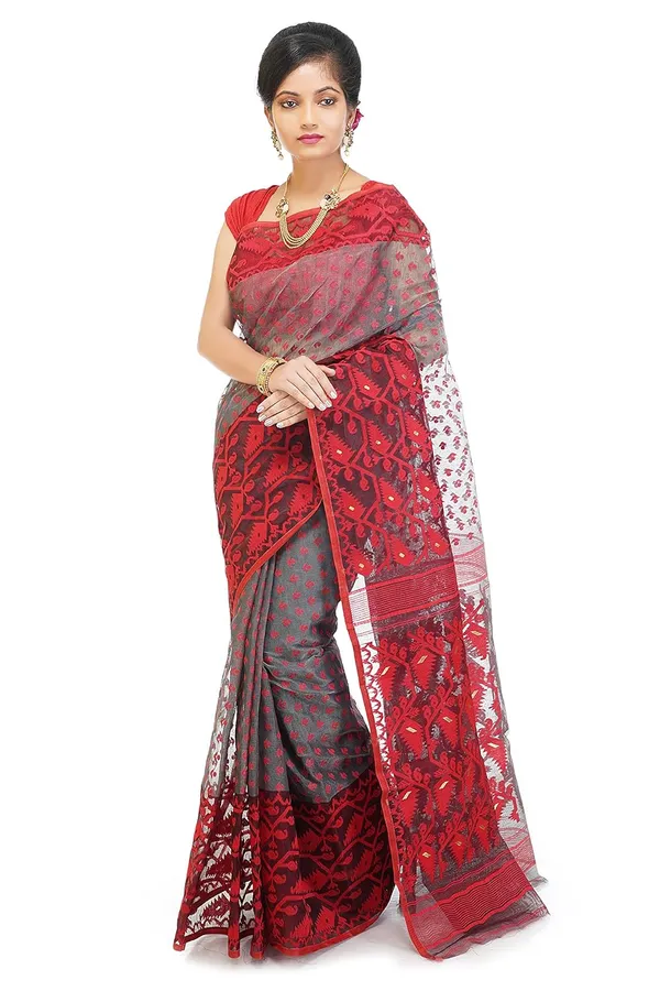 Grey_&_Red_Cotton_Silk_Dhakai_Jamdani_Saree_Without_Blouse_Piece_For_Women