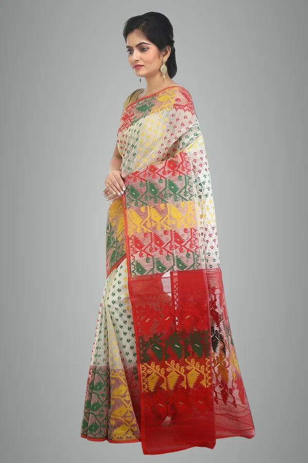 Off-White_Jamdani_Cotton_Blend_Saree_Without_Blouse_Piece_For_Women