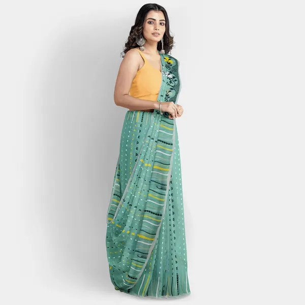 Turquoise_Cotton_Jamdani_Saree_With_Starch_For_Women