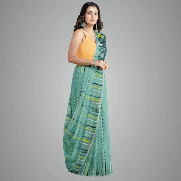 Turquoise_Cotton_Jamdani_Saree_With_Starch_For_Women