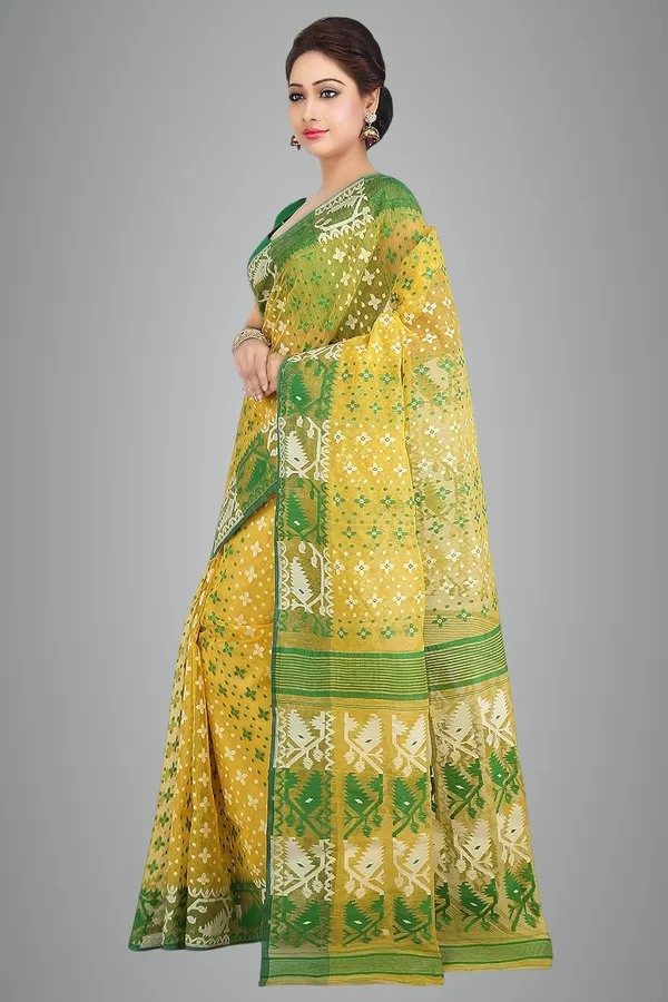 Yellow_Cotton_Silk_Dhakai_Jamdani_Handloom_Saree_With_Starch_Without_Blouse_Piece_For_Women