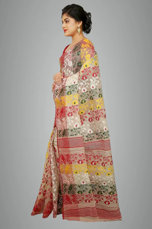 Multicolor_Embroide_Dhakai_Jamdani_Cotton_Silk_Saree_Without_Blouse_Piece_For_Women