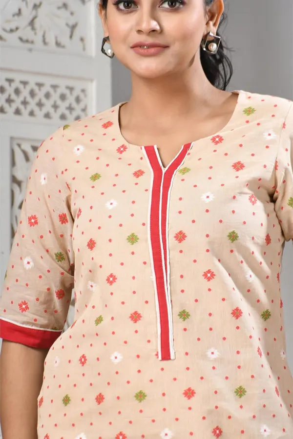 Beige_Pure_Cotton_Woven_Jamdani_Kurti_In_For_Women
