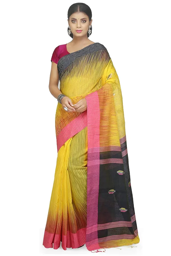 Yellow_&_Navy_Blue_Ikkat_Cotton_Silk_Saree_For_Women
