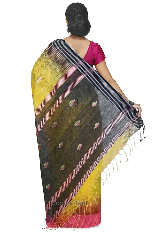 Yellow_&_Navy_Blue_Ikkat_Cotton_Silk_Saree_For_Women