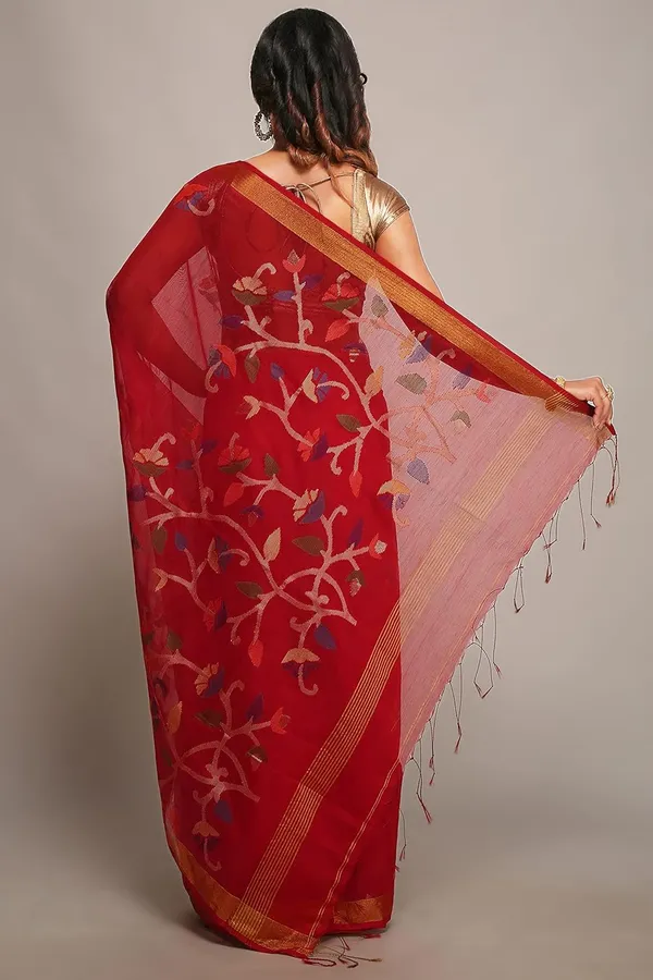 Red_Cotton_Silk_Soft_Dhakai_Jamdani_Saree_With_Zari_Border_For_Women