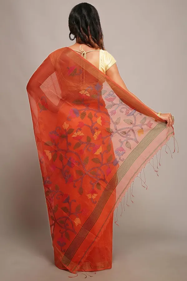 Orange_Cotton_Silk_Soft_Dhakai_Jamdani_Saree_With_Zari_Border_For_Women