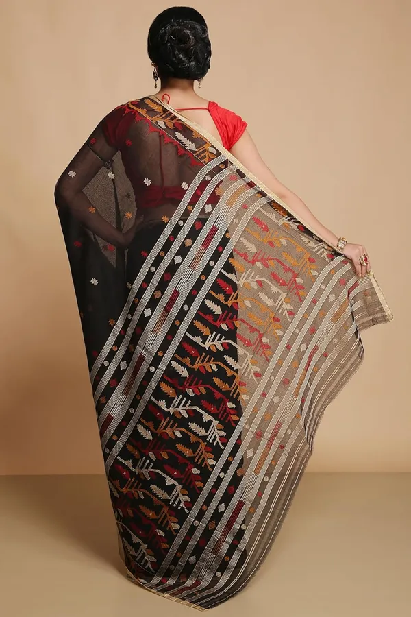 Black_Soft_H_Woven_Cotton_Jamdani_Saree_Without_Blouse_Piece_For_Women
