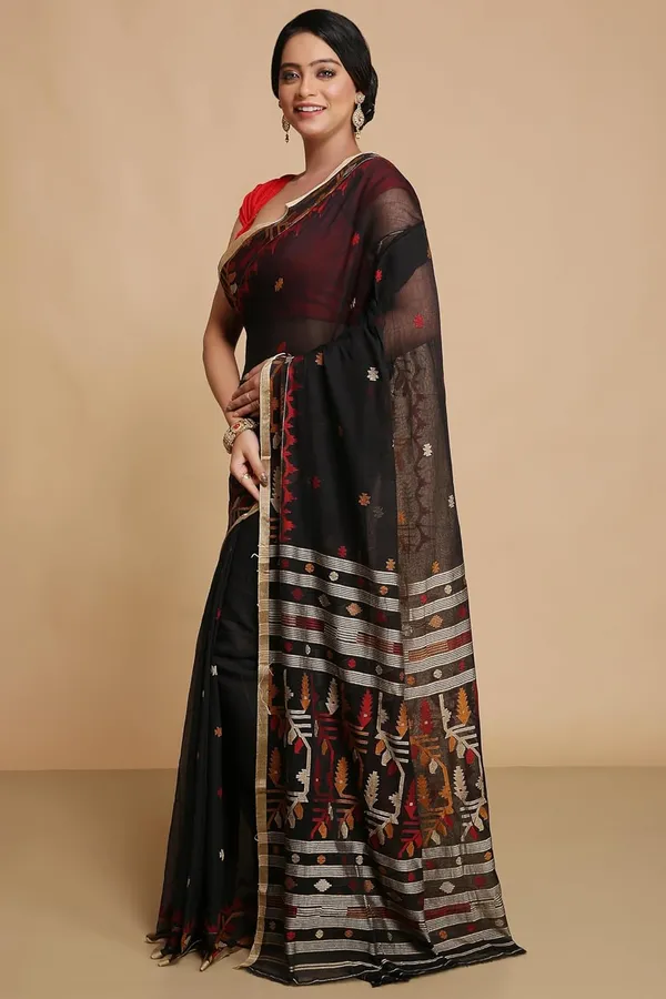 Black_Soft_H_Woven_Cotton_Jamdani_Saree_Without_Blouse_Piece_For_Women