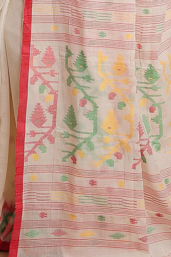 White_Soft_H_Woven_Cotton_Jamdani_Saree_Without_Blouse_Piece_For_Women