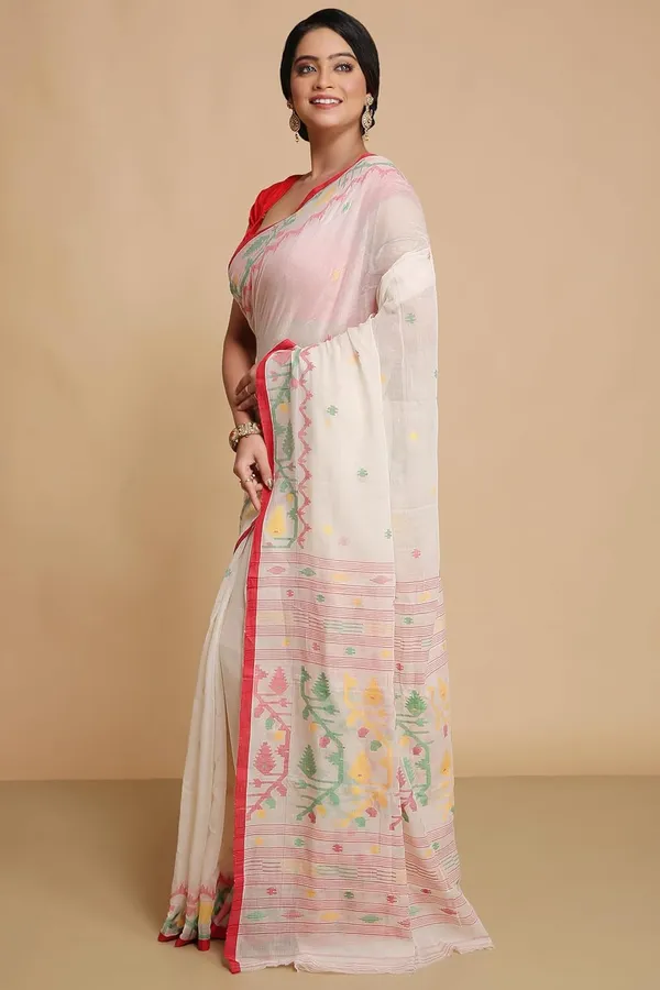 White_Soft_H_Woven_Cotton_Jamdani_Saree_Without_Blouse_Piece_For_Women