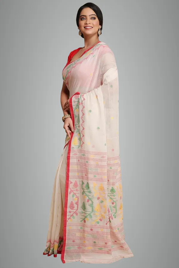 White_Soft_H_Woven_Cotton_Jamdani_Saree_Without_Blouse_Piece_For_Women