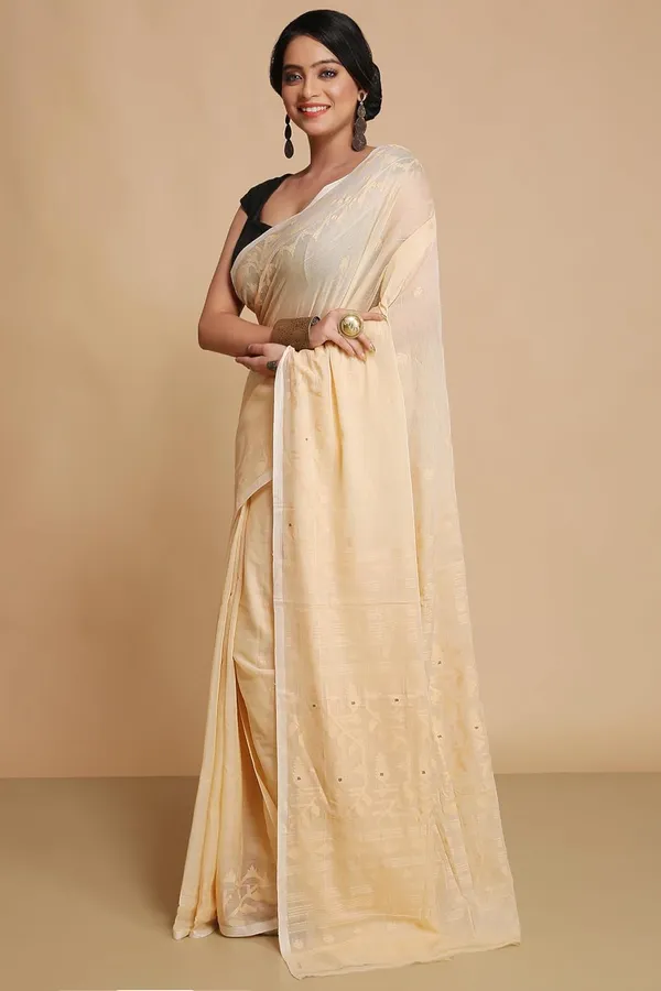 Beige_Soft_H_Woven_Cotton_Jamdani_Saree_Without_Blouse_Piece_For_Women