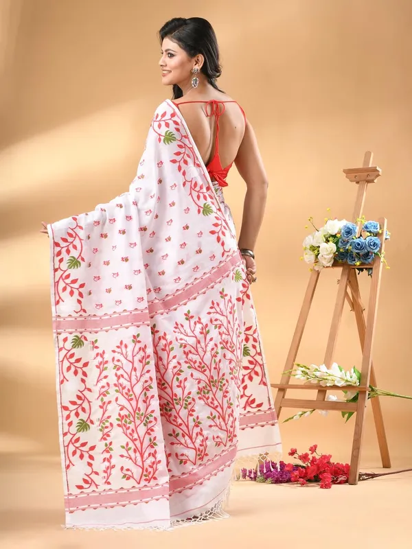 White_Pure_Cotton_Soft_Jamdani_Saree_With_Blouse_Piece_For_Women
