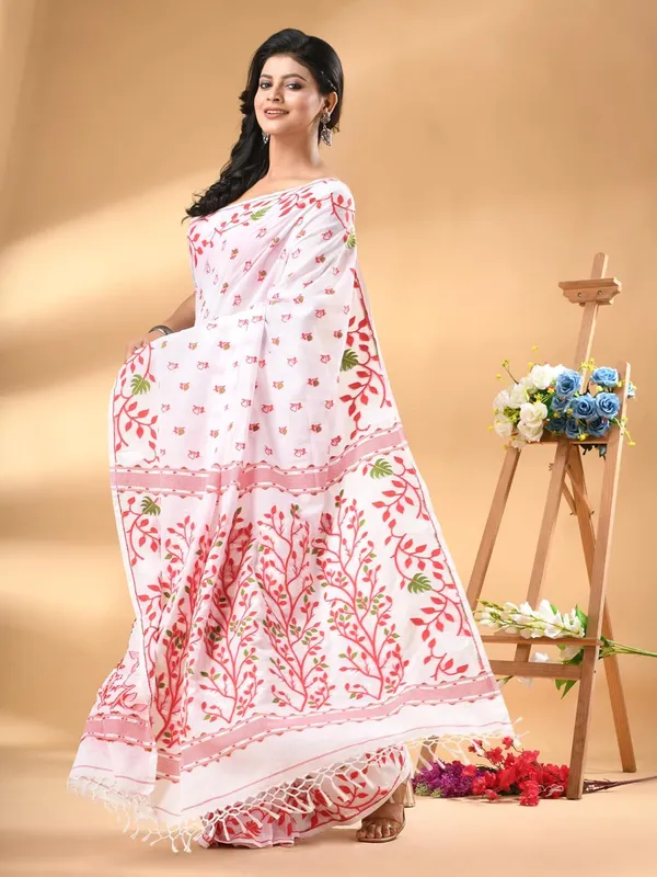 White_Pure_Cotton_Soft_Jamdani_Saree_With_Blouse_Piece_For_Women