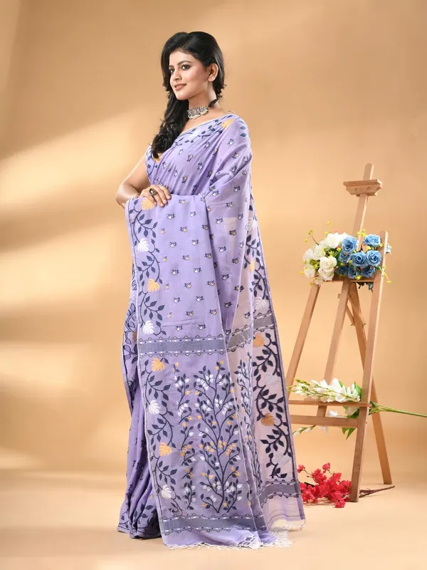 Lavender_Pure_Cotton_Soft_Jamdani_Saree_With_Blouse_Piece_For_Women