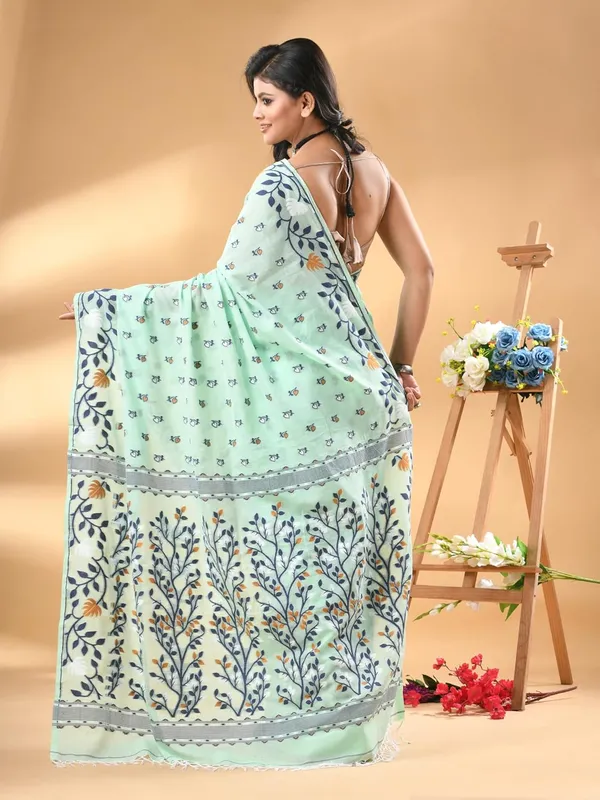 Sea_Green_Pure_Cotton_Soft_Jamdani_Saree_With_Blouse_Piece_For_Women