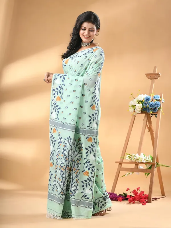 Sea_Green_Pure_Cotton_Soft_Jamdani_Saree_With_Blouse_Piece_For_Women
