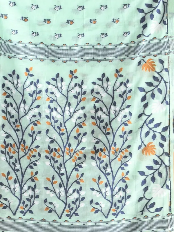 Sea_Green_Pure_Cotton_Soft_Jamdani_Saree_With_Blouse_Piece_For_Women