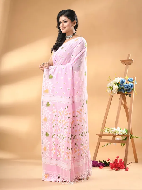 Pink_Pure_Cotton_Soft_Jamdani_Saree_With_Blouse_Piece_For_Women