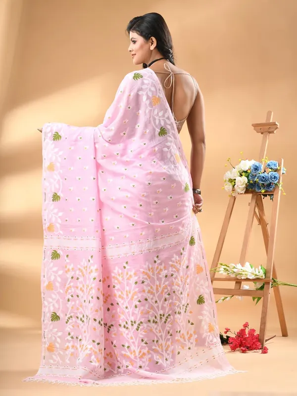 Pink_Pure_Cotton_Soft_Jamdani_Saree_With_Blouse_Piece_For_Women