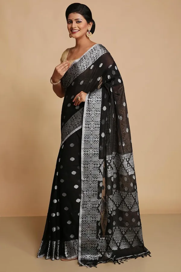 Black_Bengal_Cotton_Handloom_Saree_With_Blouse_Piece_For_Women