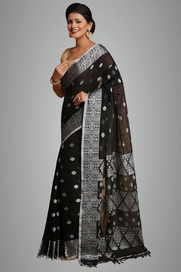 Black_Bengal_Cotton_Handloom_Saree_With_Blouse_Piece_For_Women