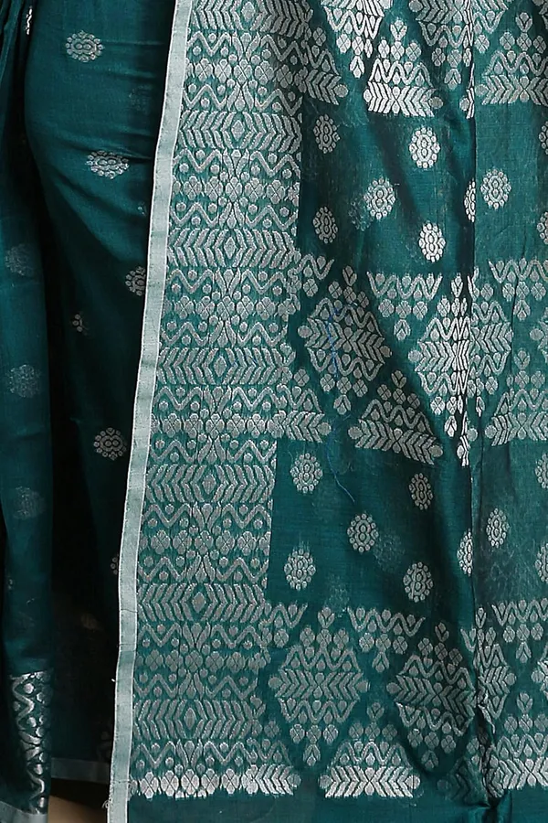 Teal_Green_Bengal_Cotton_Handloom_Saree_With_Blouse_Piece_For_Women