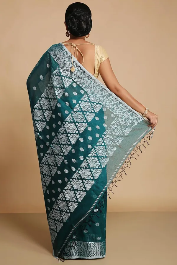 Teal_Green_Bengal_Cotton_Handloom_Saree_With_Blouse_Piece_For_Women