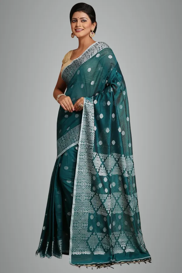 Teal_Green_Bengal_Cotton_Handloom_Saree_With_Blouse_Piece_For_Women