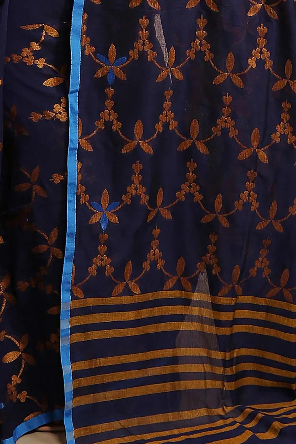 Royal_Blue_Bengal_Cotton_Handloom_Saree_With_Blouse_Piece_For_Women
