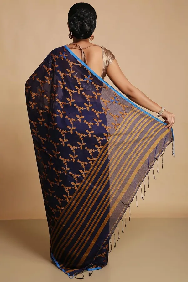 Royal_Blue_Bengal_Cotton_Handloom_Saree_With_Blouse_Piece_For_Women