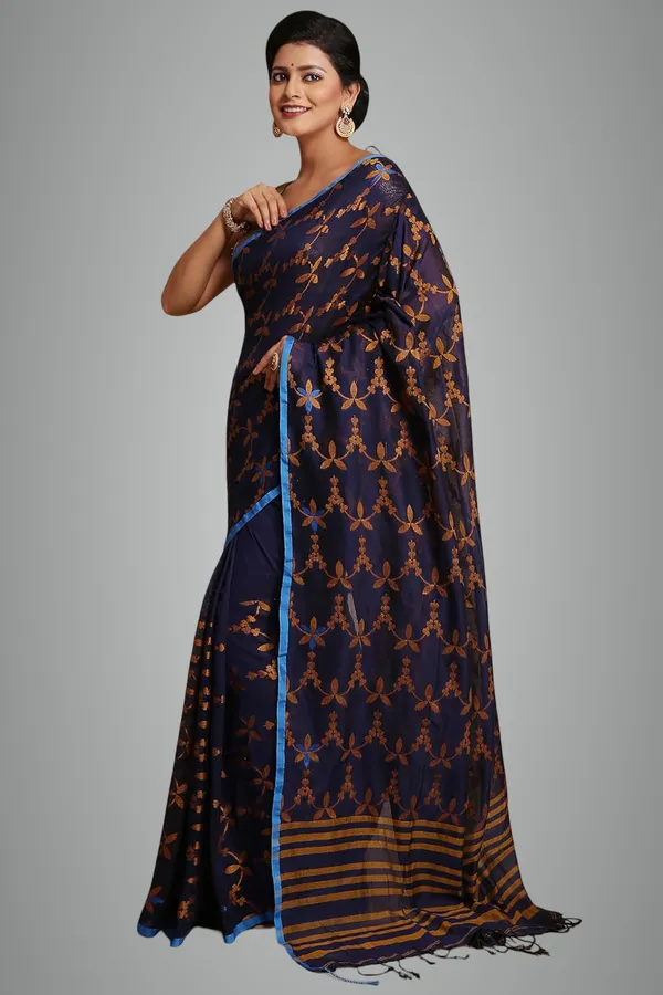 Royal_Blue_Bengal_Cotton_Handloom_Saree_With_Blouse_Piece_For_Women