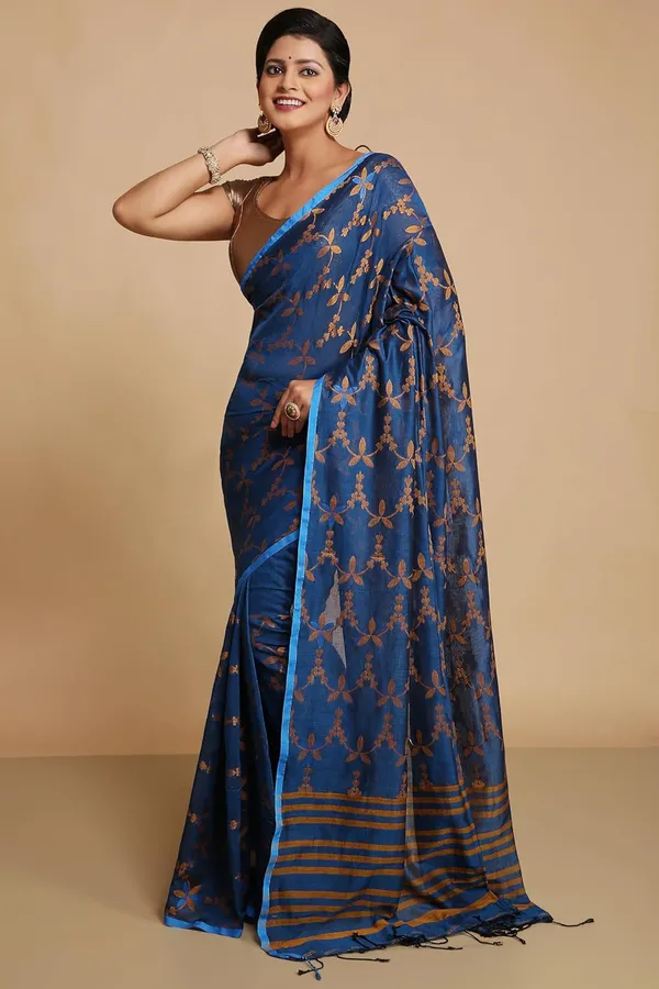 Aqua_Blue_Bengal_Cotton_Handloom_Saree_With_Blouse_Piece_For_Women