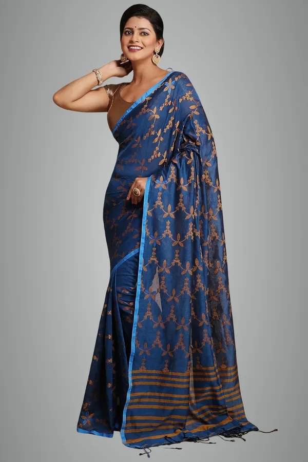 Aqua_Blue_Bengal_Cotton_Handloom_Saree_With_Blouse_Piece_For_Women