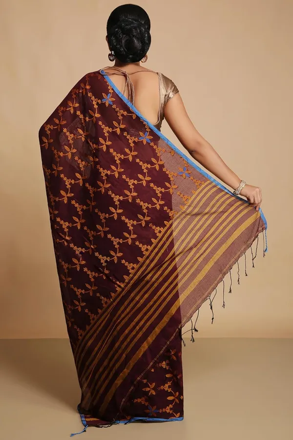 Maroon_Bengal_Cotton_Handloom_Saree_With_Blouse_Piece_For_Women