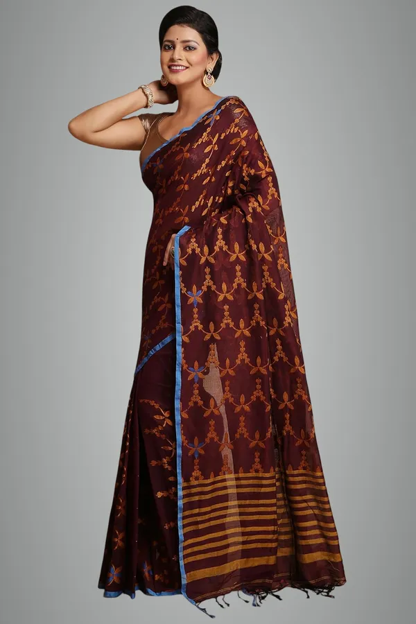 Maroon_Bengal_Cotton_Handloom_Saree_With_Blouse_Piece_For_Women