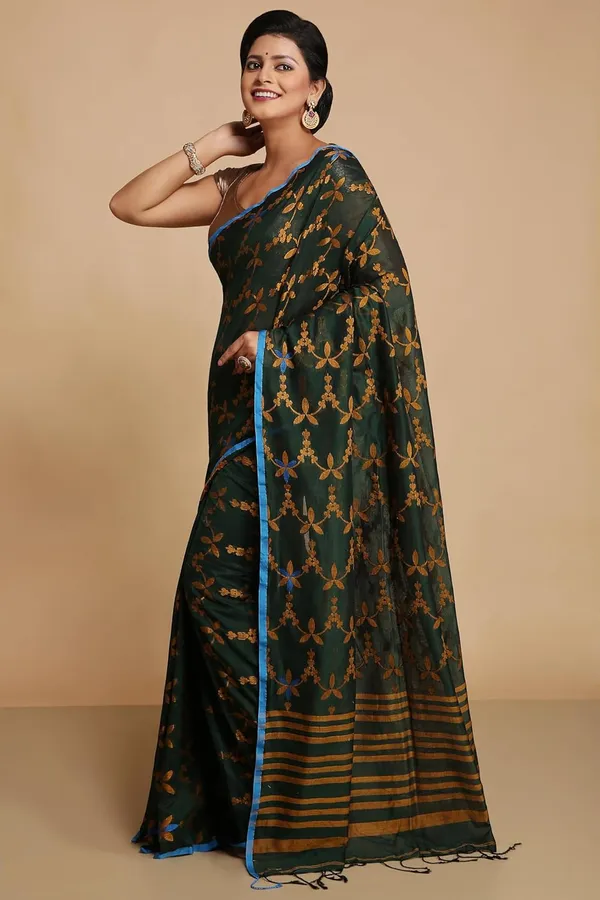 Dark_Green_Bengal_Cotton_Handloom_Saree_With_Blouse_Piece_For_Women