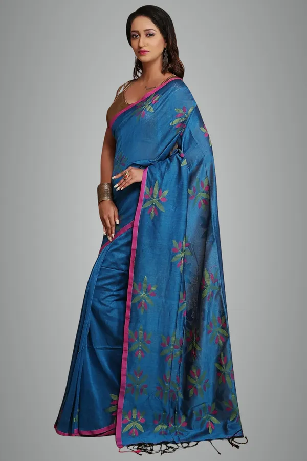 Aqua_Blue_Pure_Cotton_Handloom_Sarees_With_Blouse_Piece_For_Women