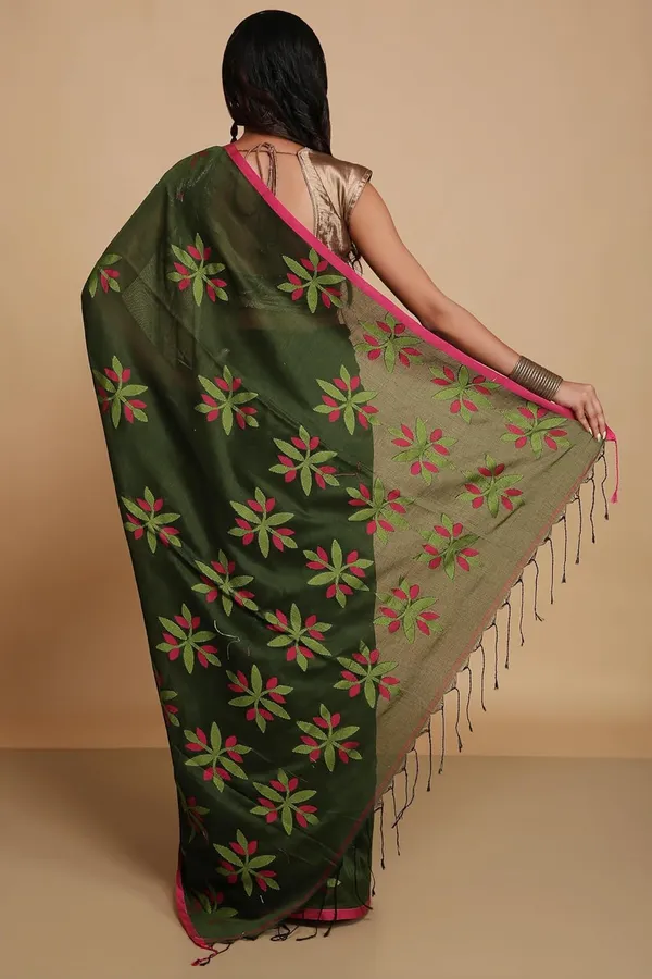 Olive_Green_Pure_Cotton_Handloom_Sarees_With_Blouse_Piece_For_Women